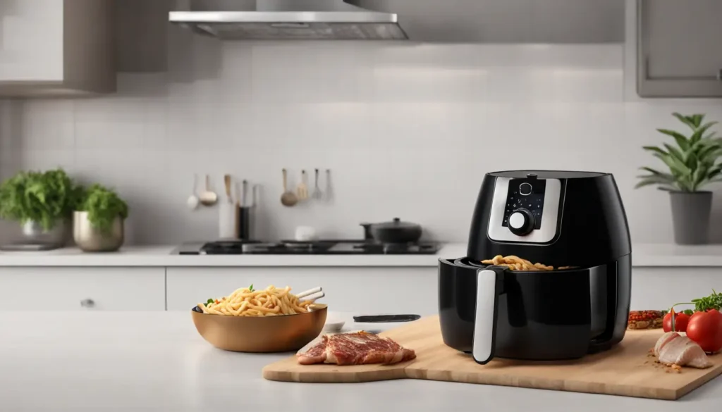 Preparação de picanha na air fryer, mostrando uma peça de picanha crua com sal grosso ao lado de uma air fryer em uma mesa de cozinha iluminada.